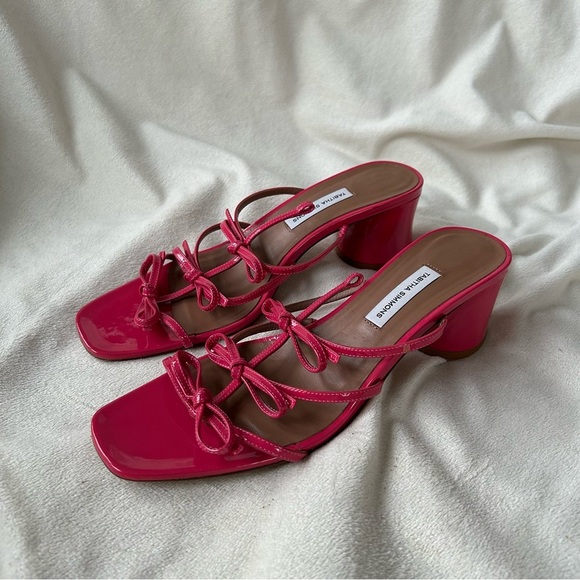 Tabitha Simmons Covie Bow Strap Sandals in Pink Patent Leather Size 38.5/US 8.5 - Picture 1 of 7
